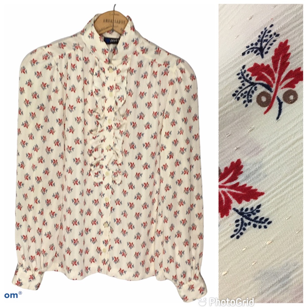 Vintage 70s 80s High Neck Ruffled Bib Blouse